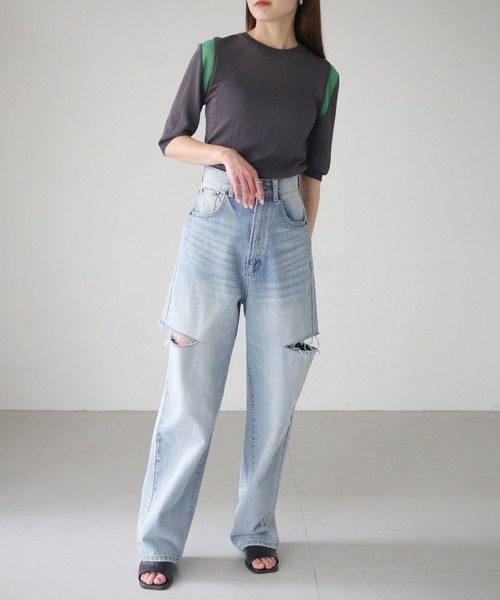 cheriella(シェリエラ)の「【cheriella】WEB限定配色ラインシアーニット WEB LIMITED CONTRAST LINE SHEER KNIT(ニット/セーター・レディース・チャコールグレー/オフホワイト/ブラック・M)」の8枚目の写真