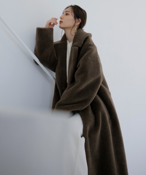 anuans（アニュアンス）の「ウールブレンドボアダブルロングコート（ステンカラーコート・レディース・アイボリー/カーキ・FREE）」の5枚目の写真