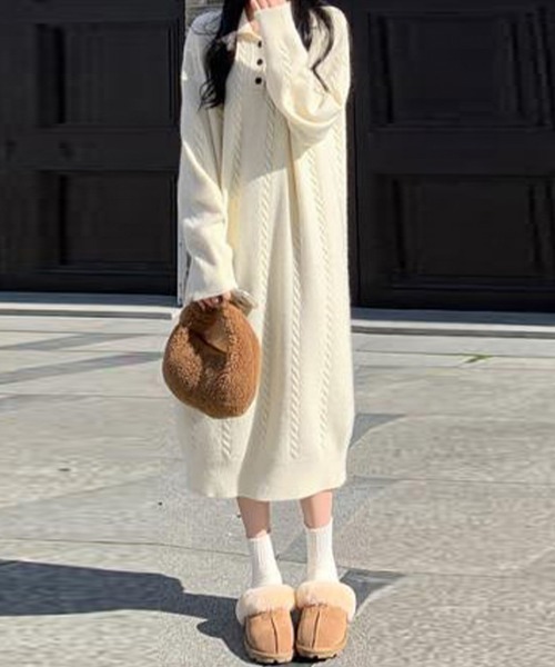 Miniministore(ミニミニストア)の「ケーブル編み ニットワンピース 韓国秋冬(ワンピース・レディース・ダークベージュ/アイボリー・フリー)」の16枚目の写真