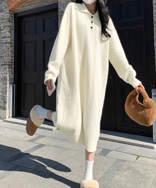 Miniministore(ミニミニストア)の「ケーブル編み ニットワンピース 韓国秋冬(ワンピース・レディース・ダークベージュ/アイボリー・フリー)」の17枚目の写真