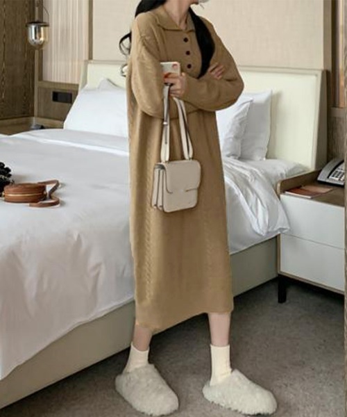 Miniministore(ミニミニストア)の「ケーブル編み ニットワンピース 韓国秋冬(ワンピース・レディース・ダークベージュ/アイボリー・フリー)」の3枚目の写真
