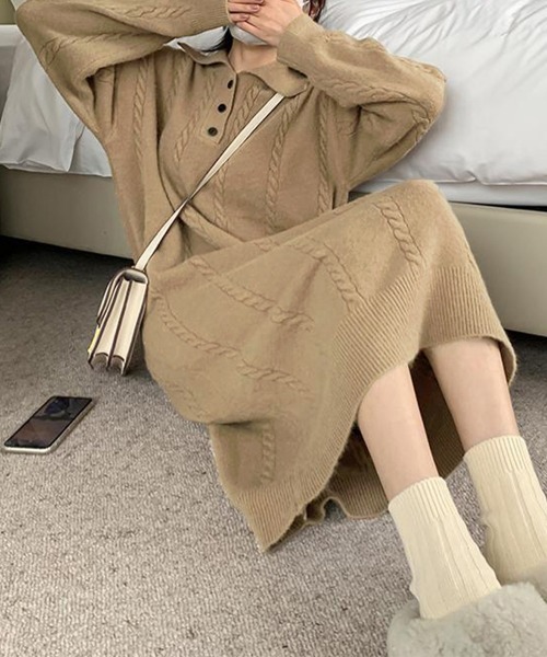 Miniministore(ミニミニストア)の「ケーブル編み ニットワンピース 韓国秋冬(ワンピース・レディース・ダークベージュ/アイボリー・フリー)」の4枚目の写真