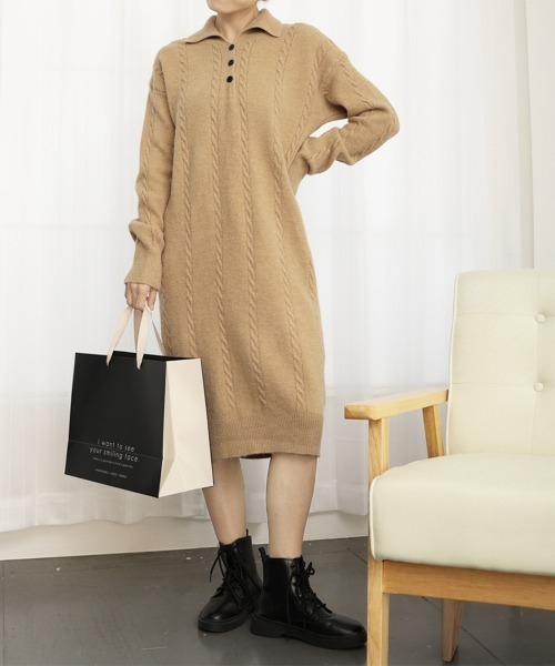 Miniministore(ミニミニストア)の「ケーブル編み ニットワンピース 韓国秋冬(ワンピース・レディース・ダークベージュ/アイボリー・フリー)」の6枚目の写真