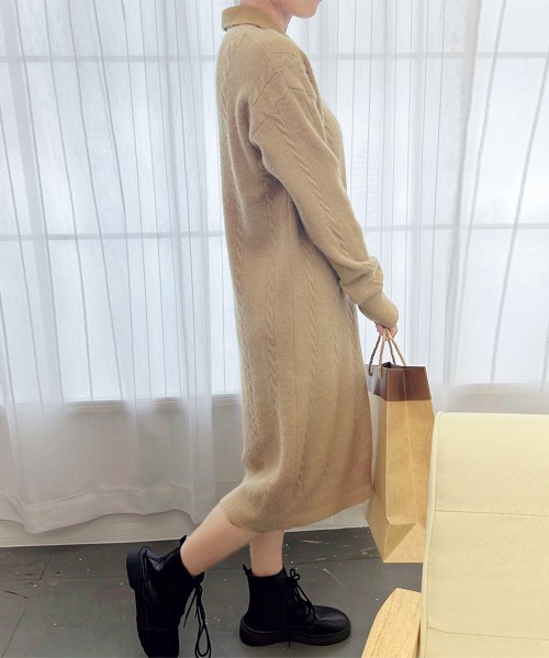 Miniministore(ミニミニストア)の「ケーブル編み ニットワンピース 韓国秋冬(ワンピース・レディース・ダークベージュ/アイボリー・フリー)」の7枚目の写真