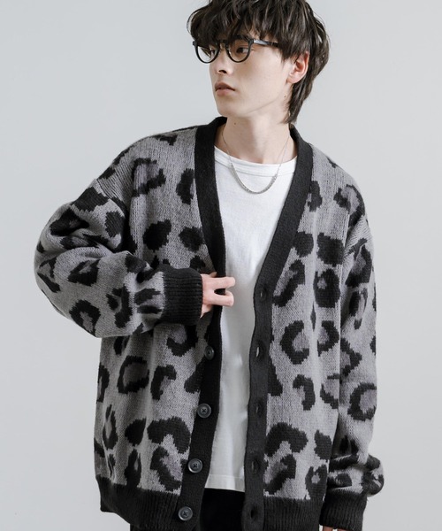 セール】レオパード柄オーバーサイズVネックニットカーディガン