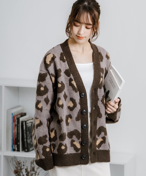 セール】レオパード柄オーバーサイズVネックニットカーディガン