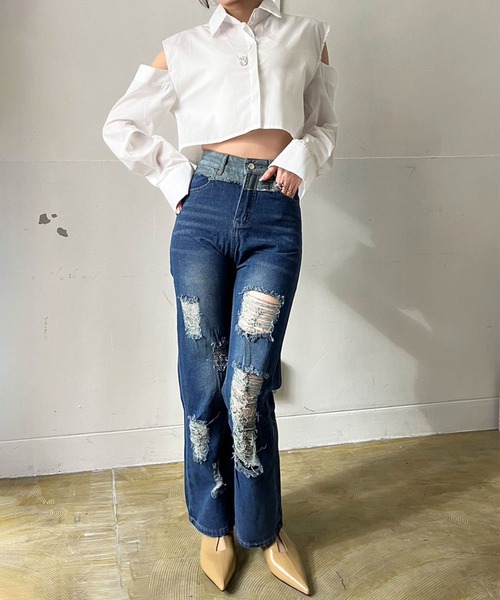 Jewelobe(ジュエローブ)の「パッチワークダメージルーズストレートパンツ(デニムパンツ・レディース・ブルー・S/M)」の1枚目の写真
