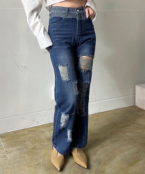 Jewelobe(ジュエローブ)の「パッチワークダメージルーズストレートパンツ(デニムパンツ・レディース・ブルー・S/M)」の2枚目の写真