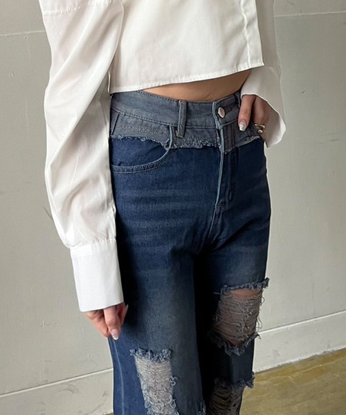 Jewelobe(ジュエローブ)の「パッチワークダメージルーズストレートパンツ(デニムパンツ・レディース・ブルー・S/M)」の4枚目の写真