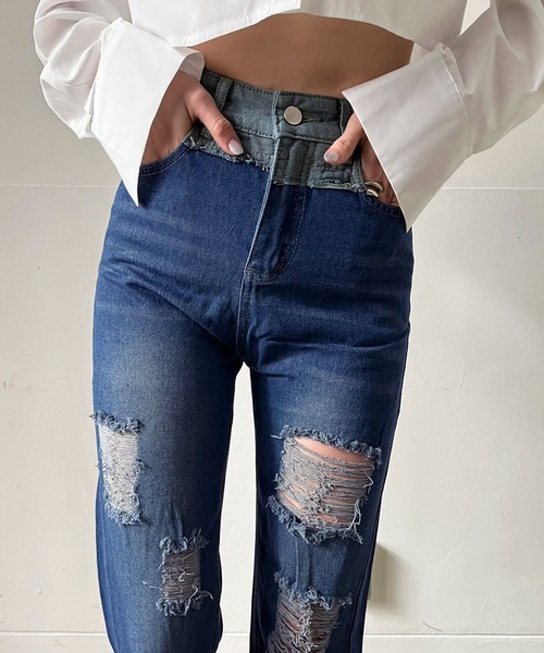 Jewelobe(ジュエローブ)の「パッチワークダメージルーズストレートパンツ(デニムパンツ・レディース・ブルー・S/M)」の7枚目の写真
