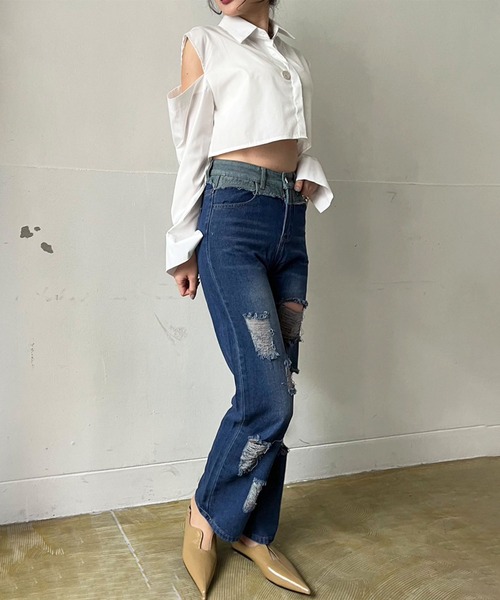 Jewelobe(ジュエローブ)の「パッチワークダメージルーズストレートパンツ(デニムパンツ・レディース・ブルー・S/M)」の8枚目の写真