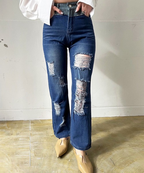 Jewelobe(ジュエローブ)の「パッチワークダメージルーズストレートパンツ(デニムパンツ・レディース・ブルー・S/M)」の11枚目の写真