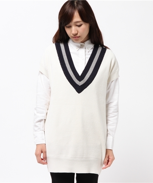 JOURNAL STANDARD（ジャーナルスタンダード）の「コットンウール チルデンベスト#（ニット/セーター・レディース・ネイビー/アイボリー・FREE）」の8枚目の写真