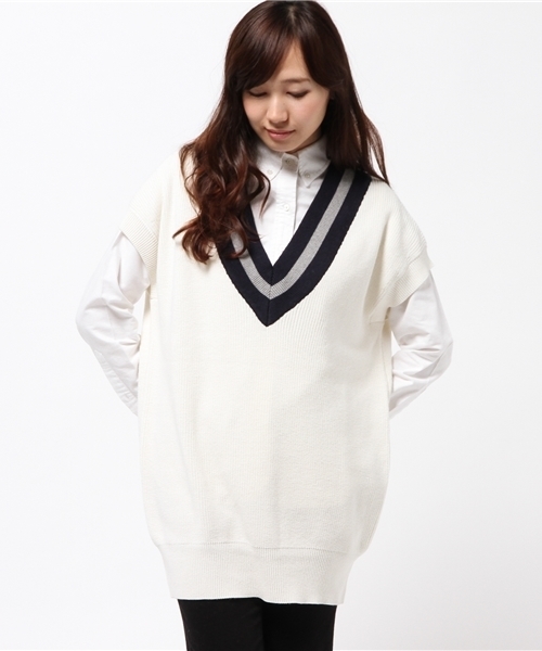 JOURNAL STANDARD（ジャーナルスタンダード）の「コットンウール チルデンベスト#（ニット/セーター・レディース・ネイビー/アイボリー・FREE）」の15枚目の写真