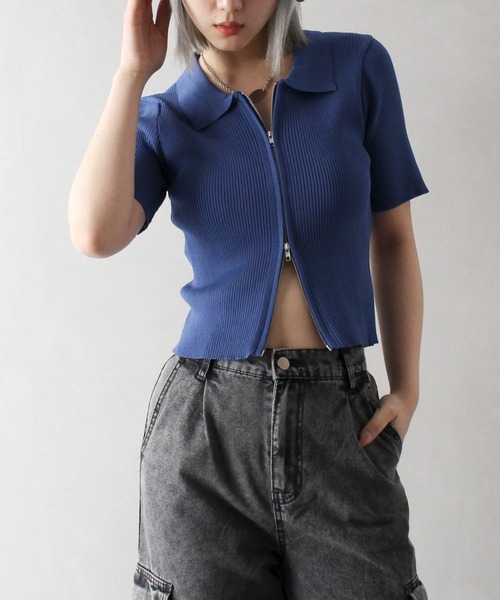 SpRay（スプレイ）の「リブダブルファスナークロップド丈トップス（Tシャツ/カットソー・レディース・グレー/ブラック/アイボリー/ブルー・FREE）」の4枚目の写真