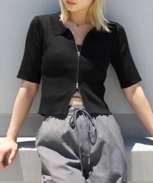 リブダブルファスナークロップド丈トップス