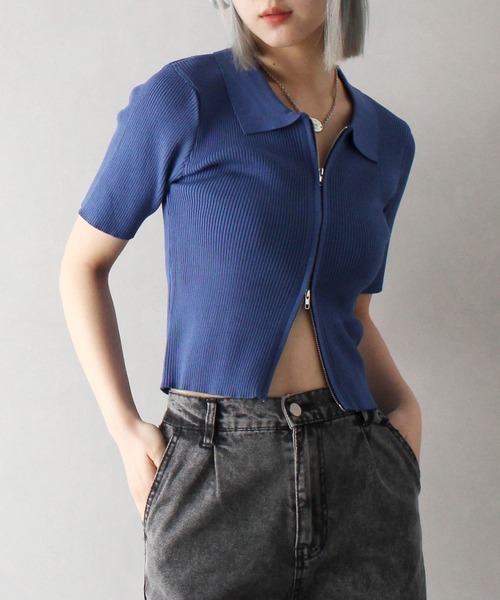 SpRay（スプレイ）の「リブダブルファスナークロップド丈トップス（Tシャツ/カットソー・レディース・グレー/ブラック/アイボリー/ブルー・FREE）」の10枚目の写真