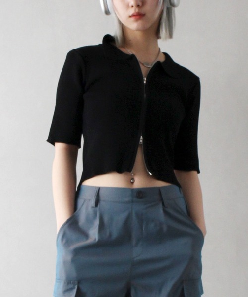 SpRay（スプレイ）の「リブダブルファスナークロップド丈トップス（Tシャツ/カットソー・レディース・グレー/ブラック/アイボリー/ブルー・FREE）」の11枚目の写真