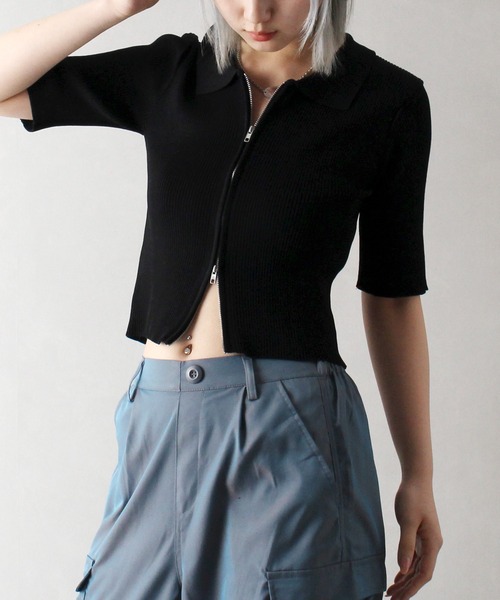 SpRay（スプレイ）の「リブダブルファスナークロップド丈トップス（Tシャツ/カットソー・レディース・グレー/ブラック/アイボリー/ブルー・FREE）」の13枚目の写真