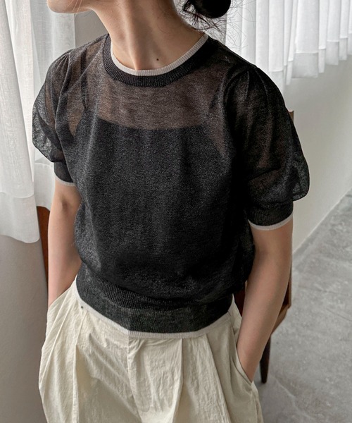 feepur（フェピュール）の「【ハンドウォッシャブル】バイカラーシアーパフニット（ニット/セーター・レディース・ブラック/オフホワイト/グレー・MEDIUM）」の3枚目の写真