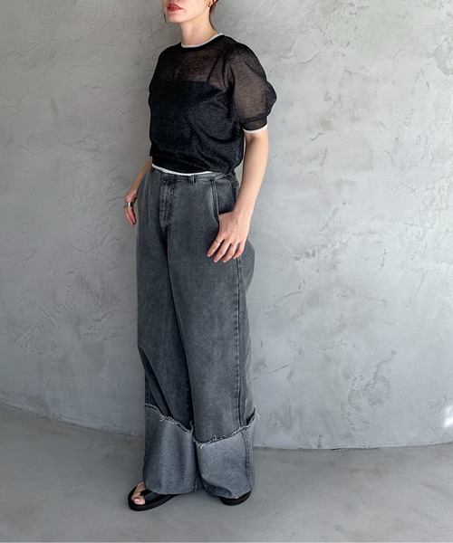 feepur（フェピュール）の「【ハンドウォッシャブル】バイカラーシアーパフニット（ニット/セーター・レディース・ブラック/オフホワイト/グレー・MEDIUM）」の9枚目の写真