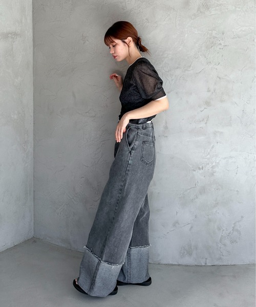 feepur（フェピュール）の「【ハンドウォッシャブル】バイカラーシアーパフニット（ニット/セーター・レディース・ブラック/オフホワイト/グレー・MEDIUM）」の10枚目の写真