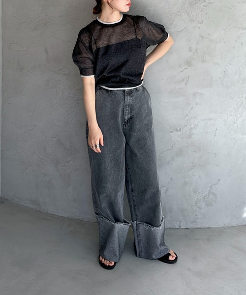 feepur（フェピュール）の「【ハンドウォッシャブル】バイカラーシアーパフニット（ニット/セーター・レディース・ブラック/オフホワイト/グレー・MEDIUM）」の11枚目の写真