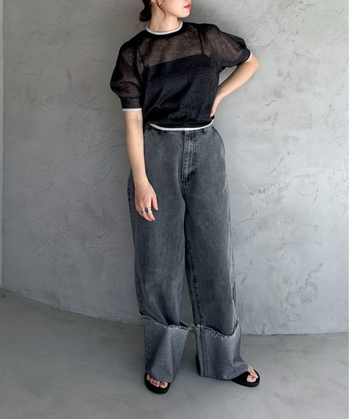 feepur（フェピュール）の「【ハンドウォッシャブル】バイカラーシアーパフニット（ニット/セーター・レディース・ブラック/オフホワイト/グレー・MEDIUM）」の12枚目の写真