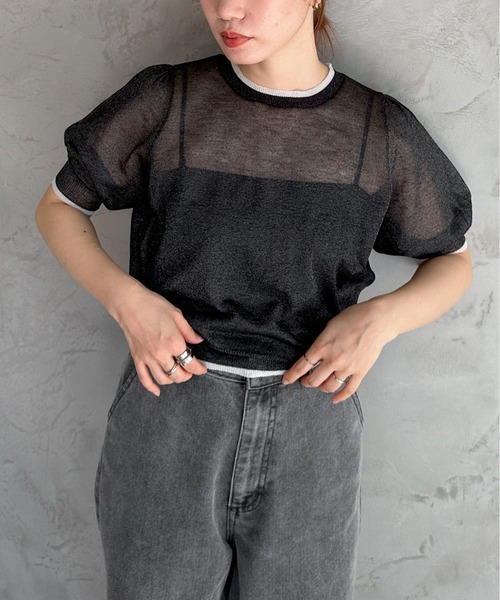 feepur（フェピュール）の「【ハンドウォッシャブル】バイカラーシアーパフニット（ニット/セーター・レディース・ブラック/オフホワイト/グレー・MEDIUM）」の13枚目の写真