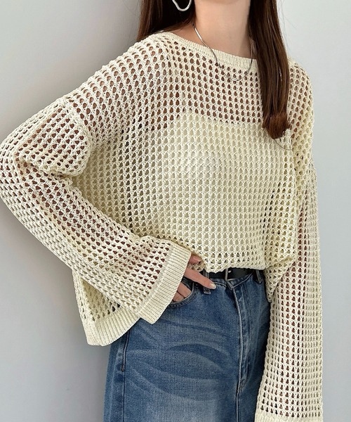 セール】リネンライクメッシュニットトップス（ニット/セーター