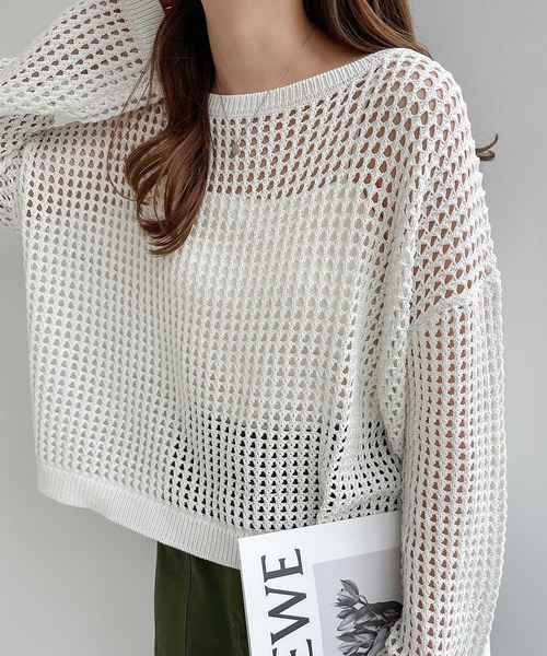 セール】リネンライクメッシュニットトップス（ニット/セーター
