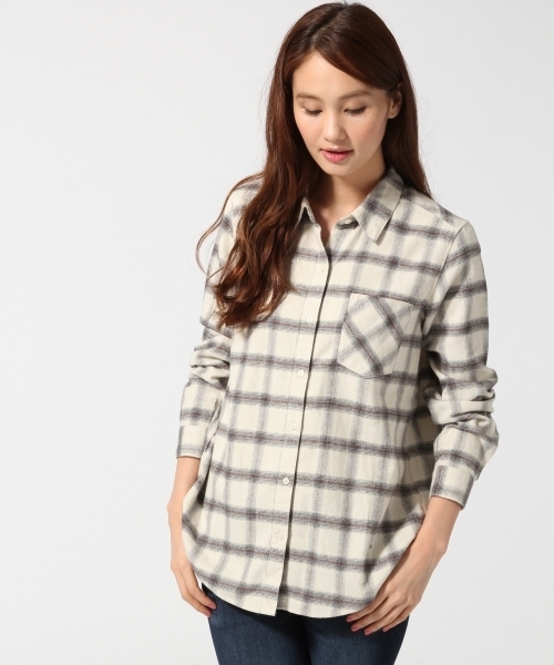 GLOBAL WORK（グローバルワーク）の「フランネル2WAYシャツ長袖/563544（シャツ/ブラウス・レディース・ネイビー/イエロー/グリーン/ホワイト系その他/オフホワイト/ホワイト/レッド・MEDIUM/LARGE/SMALL）」の3枚目の写真