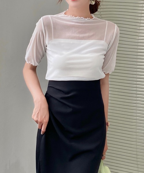 Achic(アシック)の「タートルフリルハイネックシアーメッシュ トップス(Tシャツ/カットソー・レディース・グリーン/ホワイト/ブラック・M)」の2枚目の写真