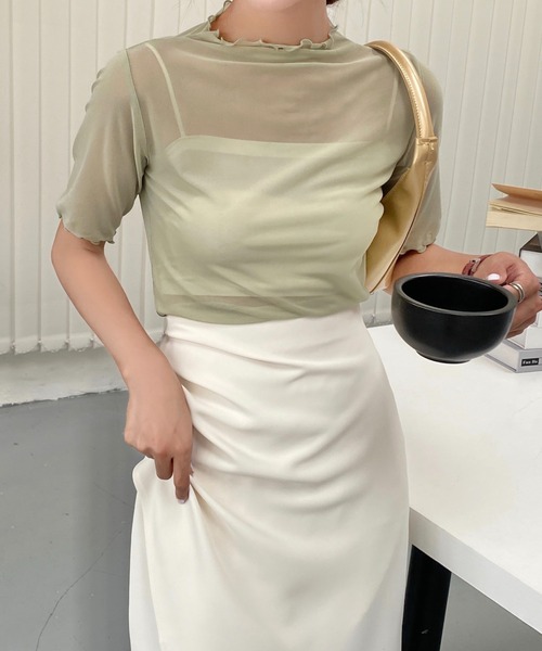 Achic(アシック)の「タートルフリルハイネックシアーメッシュ トップス(Tシャツ/カットソー・レディース・グリーン/ホワイト/ブラック・M)」の5枚目の写真