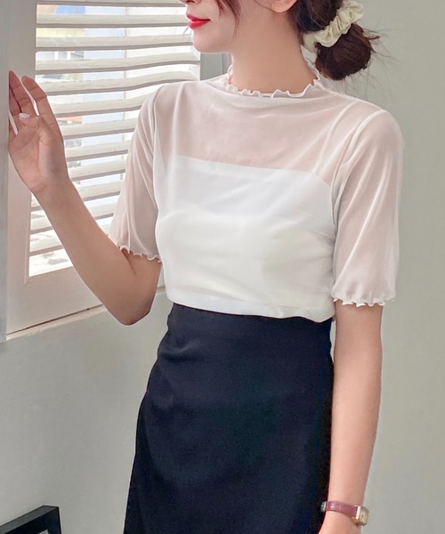 Achic(アシック)の「タートルフリルハイネックシアーメッシュ トップス(Tシャツ/カットソー・レディース・グリーン/ホワイト/ブラック・M)」の11枚目の写真