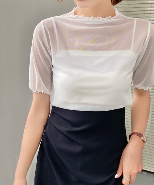Achic(アシック)の「タートルフリルハイネックシアーメッシュ トップス(Tシャツ/カットソー・レディース・グリーン/ホワイト/ブラック・M)」の8枚目の写真
