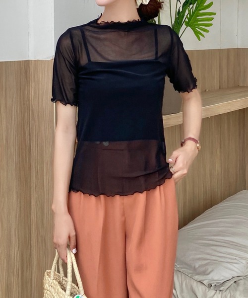 Achic(アシック)の「タートルフリルハイネックシアーメッシュ トップス(Tシャツ/カットソー・レディース・グリーン/ホワイト/ブラック・M)」の16枚目の写真