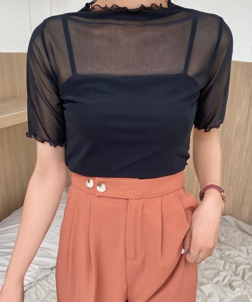 Achic(アシック)の「タートルフリルハイネックシアーメッシュ トップス(Tシャツ/カットソー・レディース・グリーン/ホワイト/ブラック・M)」の17枚目の写真
