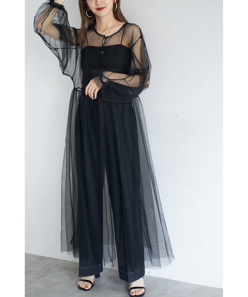 Marchesa Notte★チュール マキシワンピース ドットチュールシアー袖シフォンロングワンピースドレス（ドレス
