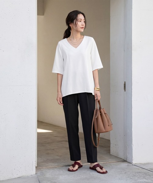 STYLE DELI(スタイルデリ)の「【Made in JAPAN】カットジョーゼット5分袖フレアブラウス(シャツ/ブラウス・レディース・ホワイト/ブラック/グレイッシュベージュ・FREE)」の4枚目の写真