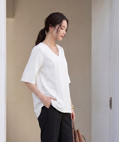 STYLE DELI(スタイルデリ)の「【Made in JAPAN】カットジョーゼット5分袖フレアブラウス(シャツ/ブラウス・レディース・ホワイト/ブラック/グレイッシュベージュ・FREE)」の6枚目の写真