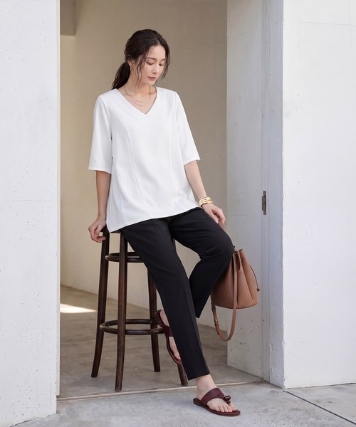 STYLE DELI(スタイルデリ)の「【Made in JAPAN】カットジョーゼット5分袖フレアブラウス(シャツ/ブラウス・レディース・ホワイト/ブラック/グレイッシュベージュ・FREE)」の11枚目の写真