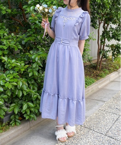 アクシーズファム　axes femme　刺繍ワンピース　ブルーグリーン アクシーズファム axes femme 刺繍ワンピース ブルーグリーン