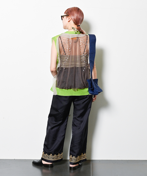 PONTI（ポンティ）の「PONTI SHEER STRIPE FABRIC EMB HEM PANTS PO10012：パンツ（その他パンツ・レディース・ネイビー・SMALL）」の9枚目の写真