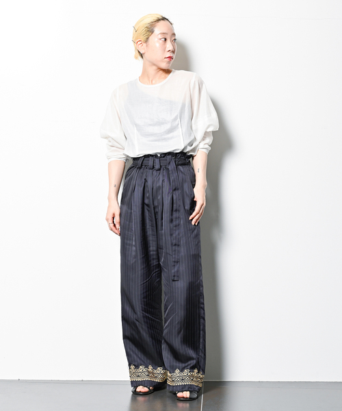 PONTI（ポンティ）の「PONTI SHEER STRIPE FABRIC EMB HEM PANTS PO10012：パンツ（その他パンツ・レディース・ネイビー・SMALL）」の10枚目の写真