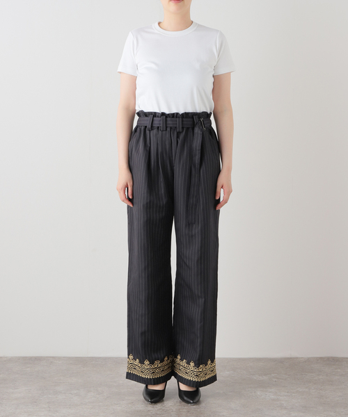 PONTI（ポンティ）の「PONTI SHEER STRIPE FABRIC EMB HEM PANTS PO10012：パンツ（その他パンツ・レディース・ネイビー・SMALL）」の4枚目の写真