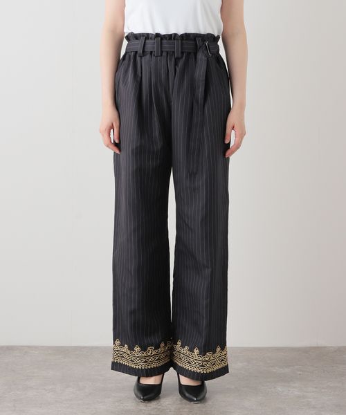PONTI（ポンティ）の「PONTI SHEER STRIPE FABRIC EMB HEM PANTS PO10012：パンツ（その他パンツ・レディース・ネイビー・SMALL）」の5枚目の写真