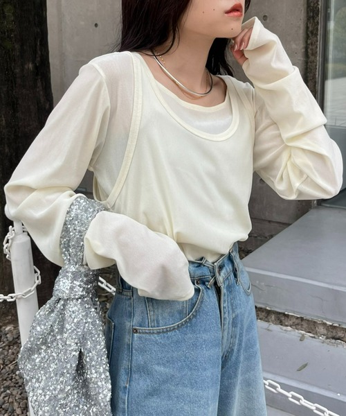 CIAOPANIC TYPY（チャオパニックティピー）の「≪新色追加≫【2点セットでお得】タンク付きシアーフロッキーベロア見え2WAYトップス（Tシャツ/カットソー・レディース・オフホワイト/キャメル/ネイビー/グレー/ピンク・ONE SIZE）」の2枚目の写真