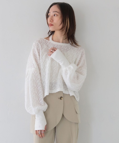 CLEIO(クレイオ)の「【CLEIO】シャギーレースショート丈プルオーバー/SHAGGY LACE SHORT PULLOVER/980-12614(Tシャツ/カットソー・レディース・ホワイト/ブラック・FREE)」の1枚目の写真