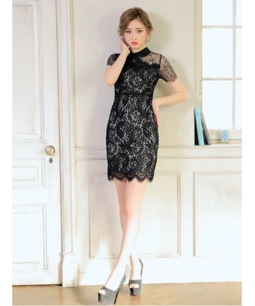 リボン襟付き モノトーンレース タイトミニドレス（ドレス）｜DAZZY  